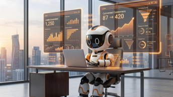 AI-powered business dashboard displaying lead conversion analytics, customer growth metrics, and automated sales performance tracking.