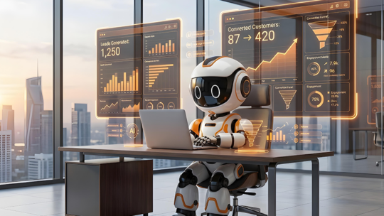 AI-powered business dashboard displaying lead conversion analytics, customer growth metrics, and automated sales performance tracking.