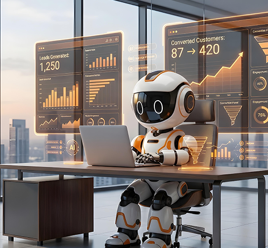 AI-powered business dashboard displaying lead conversion analytics, customer growth metrics, and automated sales performance tracking.