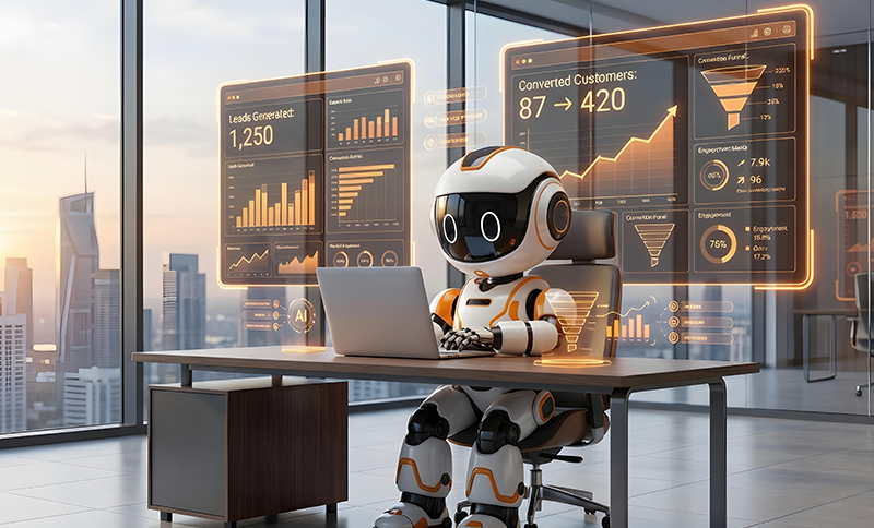 AI-powered business dashboard displaying lead conversion analytics, customer growth metrics, and automated sales performance tracking.
