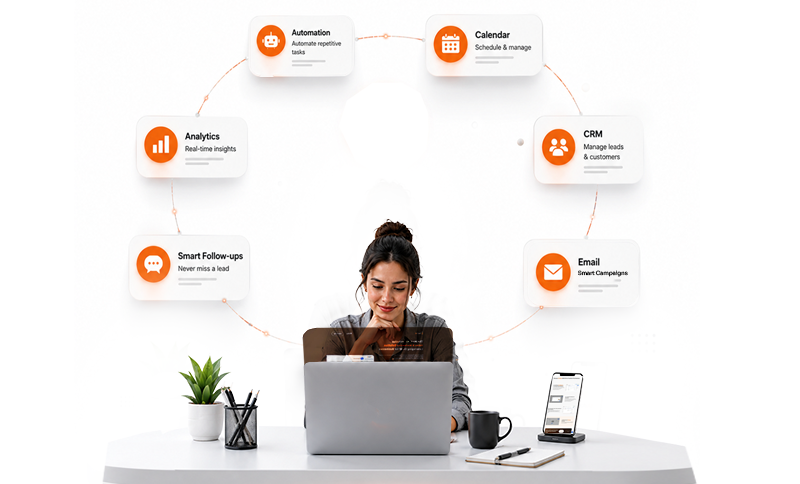 SachAI dashboard helping businesses manage leads, customers, marketing, automation, analytics, email campaigns, and scheduling from one central system.